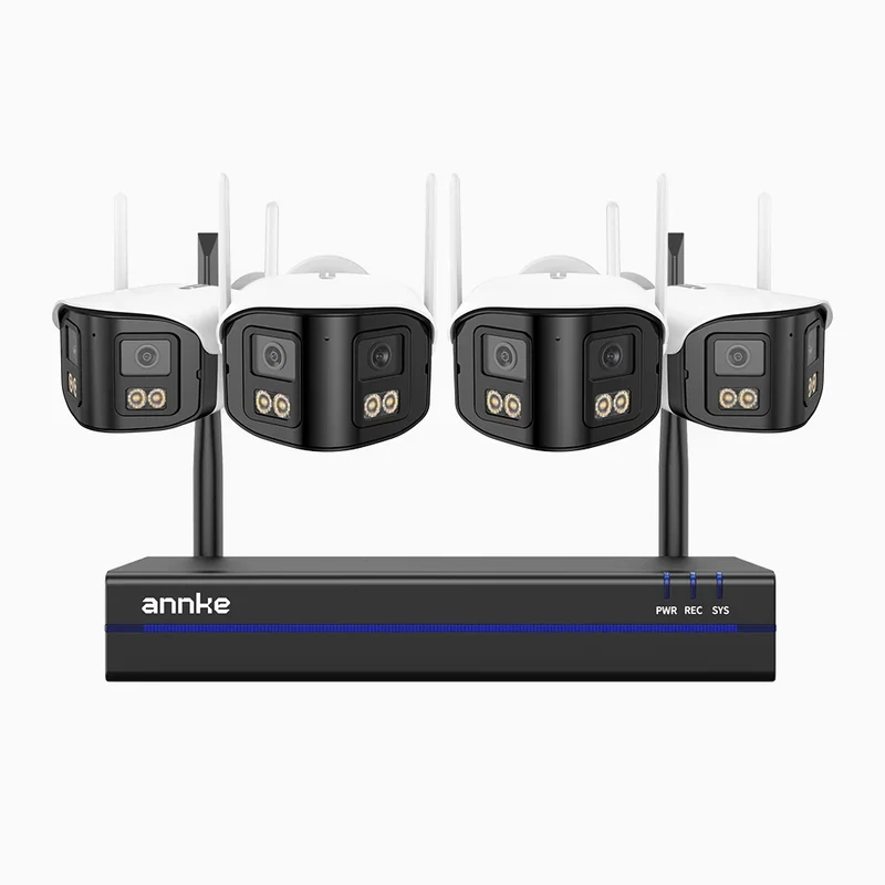 WSCD400P - Kit vidéo surveillance sans fil 4MP à 8 canaux avec 4 caméras double objectif, angle 170°, WiFi bi-bande 2,4/5 GHz, vision nocturne en couleur, détection de mouvement, audio bidirectionnel, compatible avec Alexa