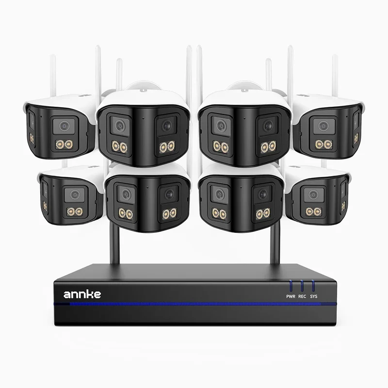 WSCD400P - Kit vidéo surveillance sans fil 4MP à 8 canaux avec 8 caméras double objectif, angle 170°, WiFi bi-bande 2,4/5 GHz, vision nocturne en couleur, détection de mouvement, audio bidirectionnel, compatible avec Alexa