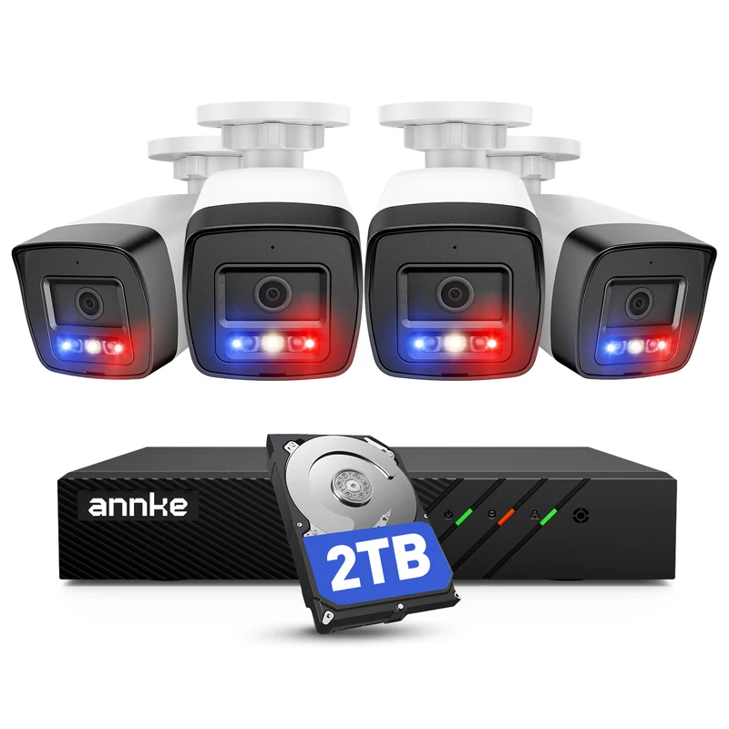ANNKE 3K PoE Système Caméras Surveillance, NVR 4K 8CH 2To, 4 Caméras IP 3K, Détection Personnes/Véhicules, Enregistrement 24/7, Vision Nuit Couleur Projecteur, Audio Bidirectionnel, IP67