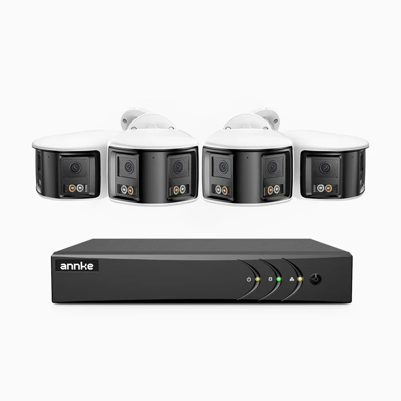 ACDK500 - Kit de surveillance filaire 3K à 8 canaux avec 4 caméras extérieures à double objectif, vue panoramique 180°, vision nocturne intelligente à double éclairage, Microphone Intégré, IP67 étanche