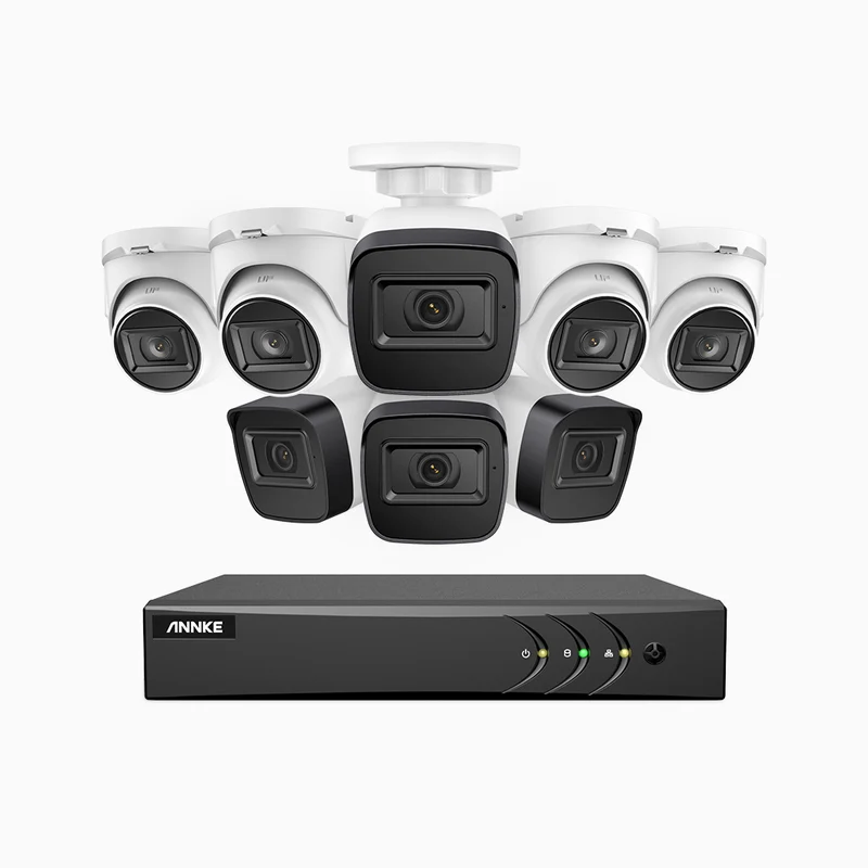 EL200 - Kit de surveillance filaire 1080p à 8 canaux avec 4 caméras bullet et 4 caméra tourelle, DVR intelligent avec détection humaine et véhicule, vision nocturne infrarouge de 66 pieds, signal de sortie 4-en-1, IP67