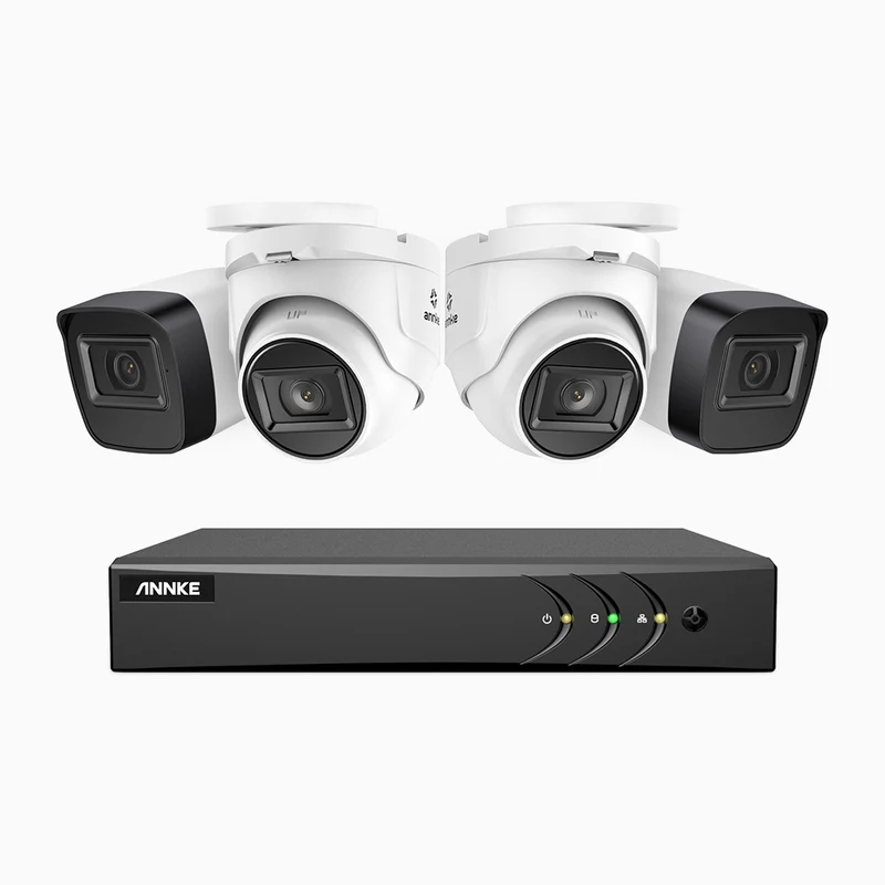 EL200 - Kit de surveillance filaire 1080p à 8 canaux avec 2 caméras bullet et 2 caméra tourelle, DVR intelligent avec détection humaine et véhicule, vision nocturne infrarouge de 66 pieds, signal de sortie 4-en-1, IP67