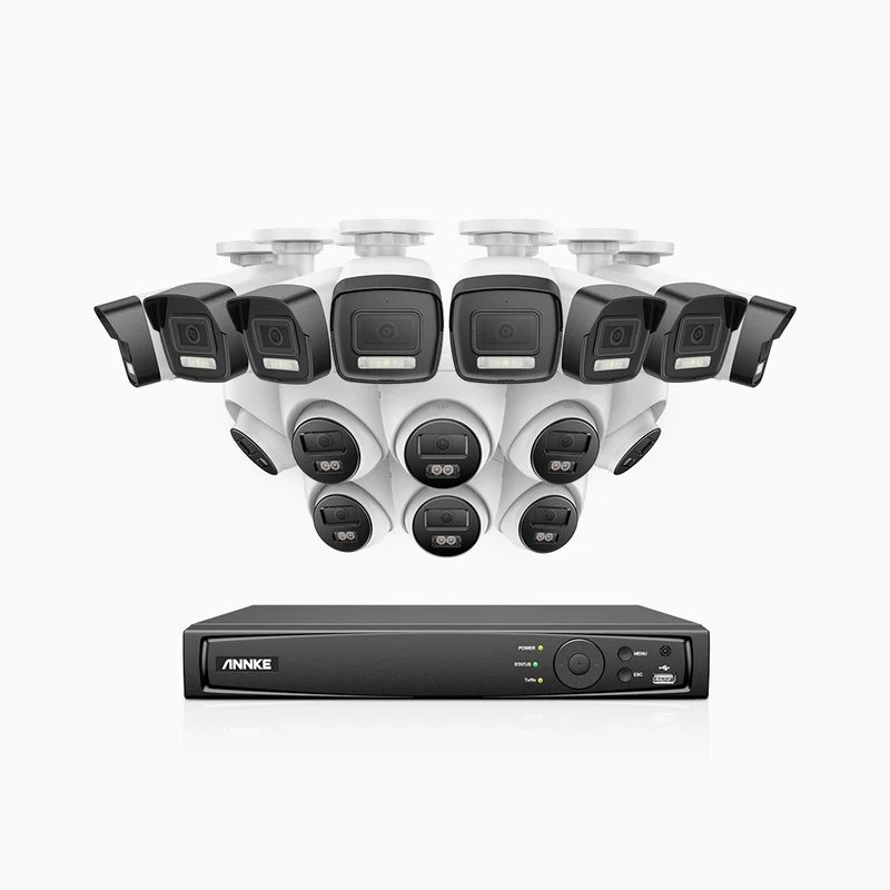 H500P - Kit de surveillance PoE 3K à 16 canaux avec 8 caméras bullet et 8 caméras tourelle, vision nocturne en couleur et infrarouge, 3072 × 1728 à 20 ips, Détection des personnes et des véhicules, Audio bidirectionnel, IP67