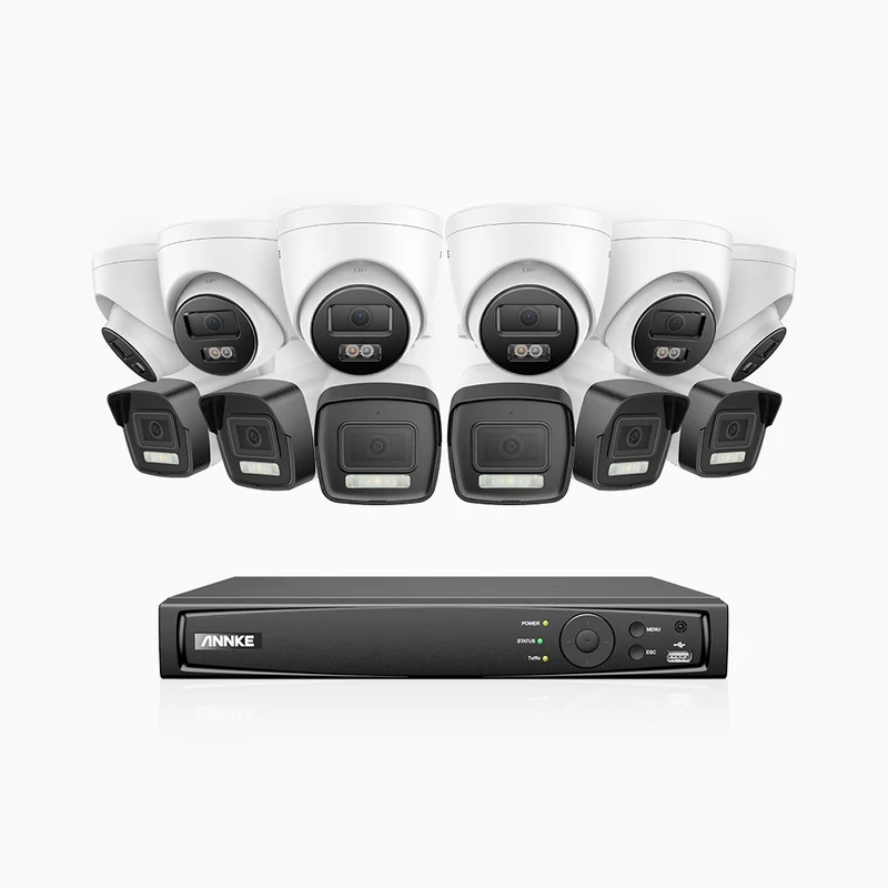 H500P - Kit de surveillance PoE 3K à 16 canaux avec 6 caméras bullet et 6 caméras tourelle, vision nocturne en couleur et infrarouge, 3072 × 1728 à 20 ips, Détection des personnes et des véhicules, Audio bidirectionnel, IP67