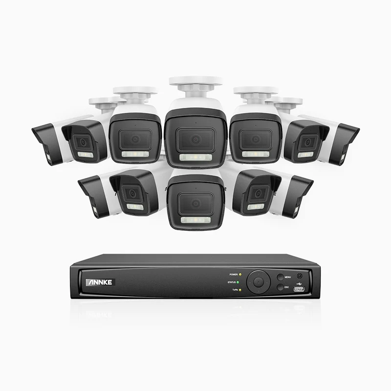 H500P - Kit de surveillance PoE 3K à 16 canaux avec 12 caméras, vision nocturne en couleur et infrarouge, 3072 × 1728 à 20 ips, Détection des personnes et des véhicules, Audio bidirectionnel, IP67