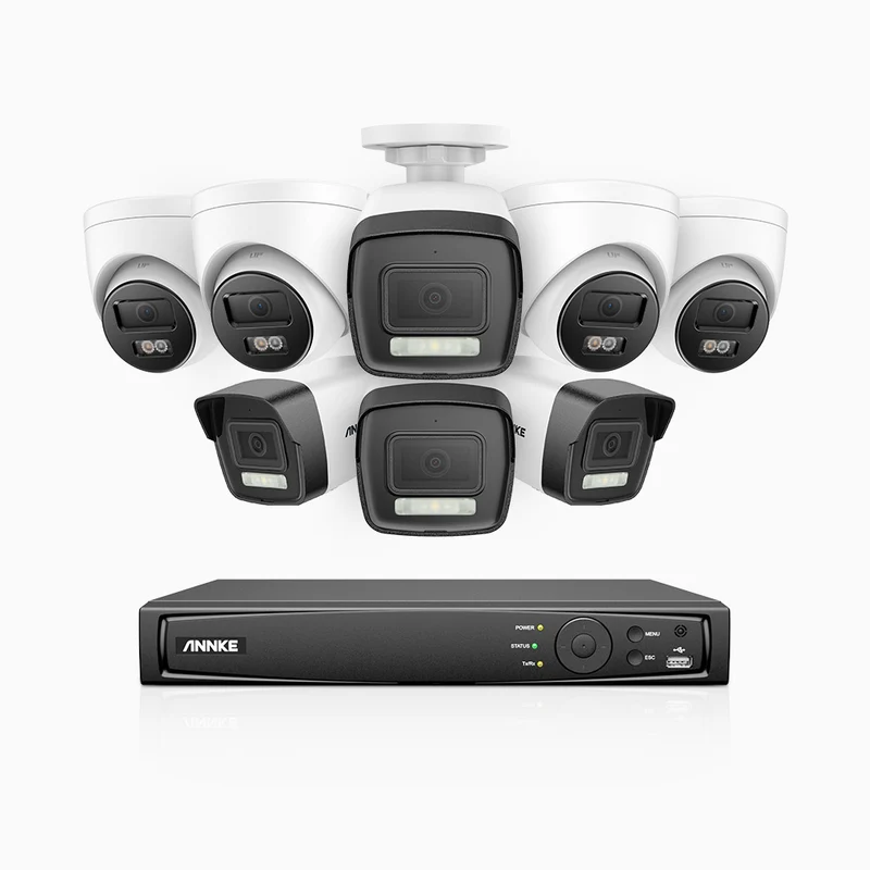 H500P - Kit de surveillance PoE 3K à 16 canaux avec 4 caméras bullet et 4 caméras tourelle, vision nocturne en couleur et infrarouge, 3072 × 1728 à 20 ips, Détection des personnes et des véhicules, Audio bidirectionnel, IP67