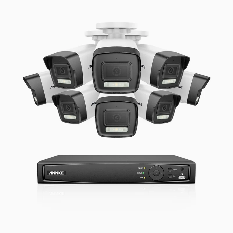 H500P - Kit de surveillance PoE 3K à 16 canaux avec 8 caméras, vision nocturne en couleur et infrarouge, 3072 × 1728 à 20 ips, Détection des personnes et des véhicules, Audio bidirectionnel, IP67