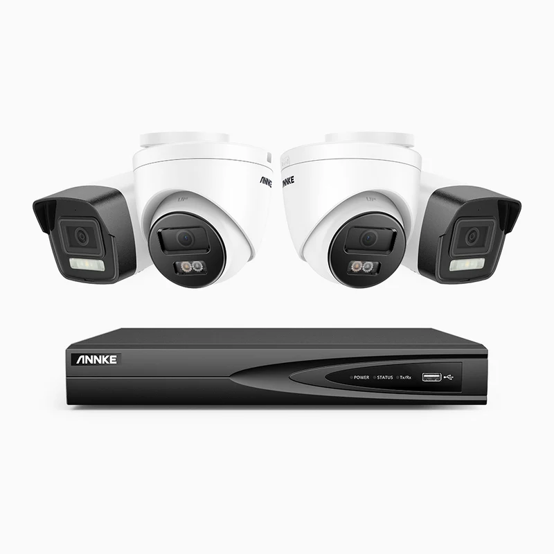 H500P - Kit de surveillance PoE 3K à 4 canaux avec 2 caméras bullet et 2 caméras tourelle, vision nocturne en couleur et infrarouge, 3072 × 1728 à 20 ips, Détection des personnes et des véhicules, Audio bidirectionnel, IP67