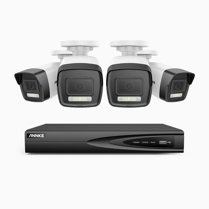 H500P - Kit de surveillance PoE 3K à 4 canaux avec 4 caméras, vision nocturne en couleur et infrarouge, 3072 × 1728 à 20 ips, Détection des personnes et des véhicules, Audio bidirectionnel, IP67