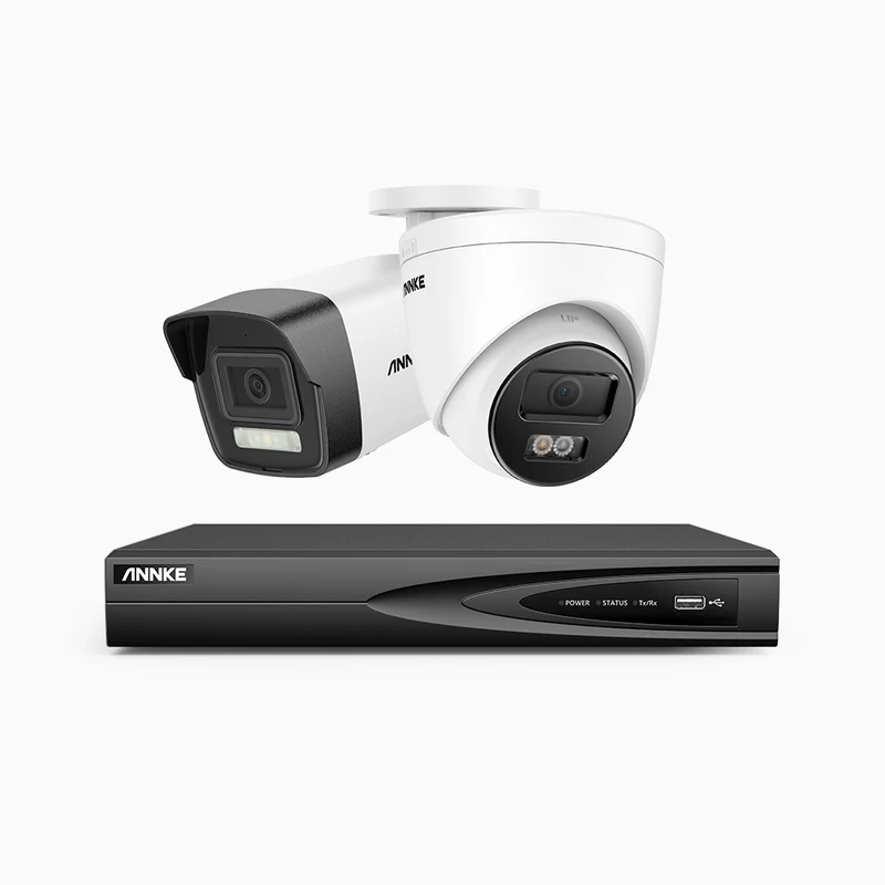 H500P - Kit de surveillance PoE 3K à 4 canaux avec 1 caméras bullet et 1 caméras tourelle, vision nocturne en couleur et infrarouge, 3072 × 1728 à 20 ips, Détection des personnes et des véhicules, Audio bidirectionnel, IP67