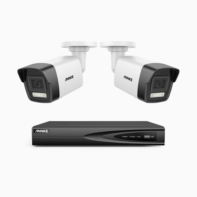 H500P - Kit de surveillance PoE 3K à 4 canaux avec 2 caméras, vision nocturne en couleur et infrarouge, 3072 × 1728 à 20 ips, Détection des personnes et des véhicules, Audio bidirectionnel, IP67
