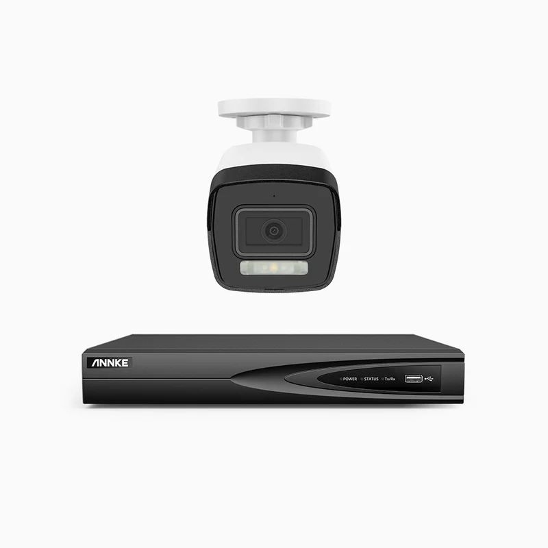 H500P - Kit de surveillance PoE 3K à 4 canaux avec 1 caméras, vision nocturne en couleur et infrarouge, 3072 × 1728 à 20 ips, Détection des personnes et des véhicules, Audio bidirectionnel, IP67