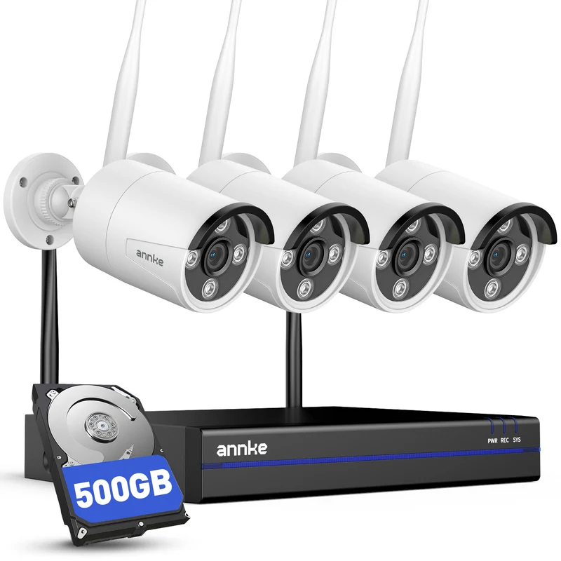 ANNKE 2K Kit Caméra Surveillance WiFi Extérieure, 10CH 4K NVR avec 500 Go, 4X 3MP WiFi Caméra, Audio Bidirectionnel, Vision Nocturne Couleur, Détection de Personne, Enregistrement 24/7