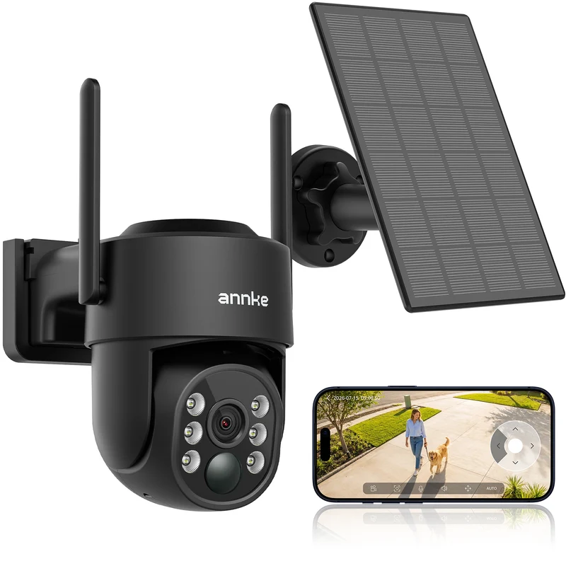 ANNKE 2.5K 4MP Camera Surveillance WiFi Exterieure sans Fil Solaire, 360° PTZ Caméra Surveillance à Batterie 9000mAh, 2,4/5GHz WiFi, Vision Nocturne Couleur, Détection PIR, Audio Bidirectionnel, IP65