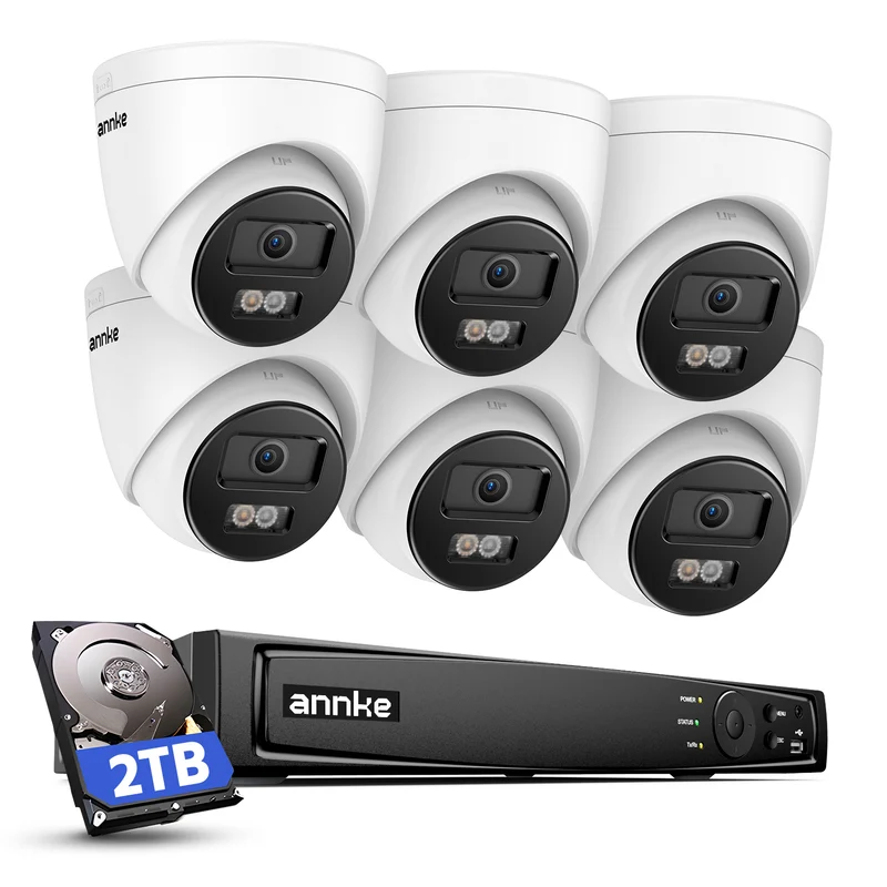 ANNKE Kit de caméra de surveillance PoE 4K pour l'extérieur, NVR 8 canaux avec disque dur de 2 To pour enregistrement 24/7, 6 caméras IP PoE 8 MP avec vision nocturne couleur, personnes et