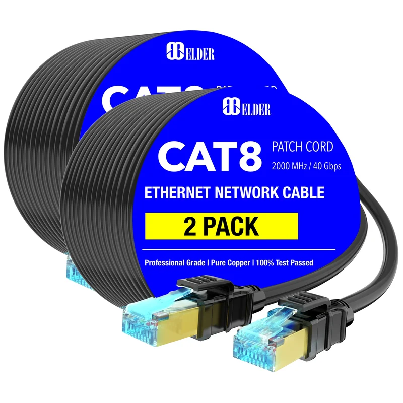 Elder Cat 8 Ethernet Cable x2 Pack Network Cable High Speed 40Gbps 2000MHz Patch Cord LAN Heavy Duty Shielded Cat8 RG45 Cable PoE Internet Wire Outdoor & Indoor 100ft 150ft