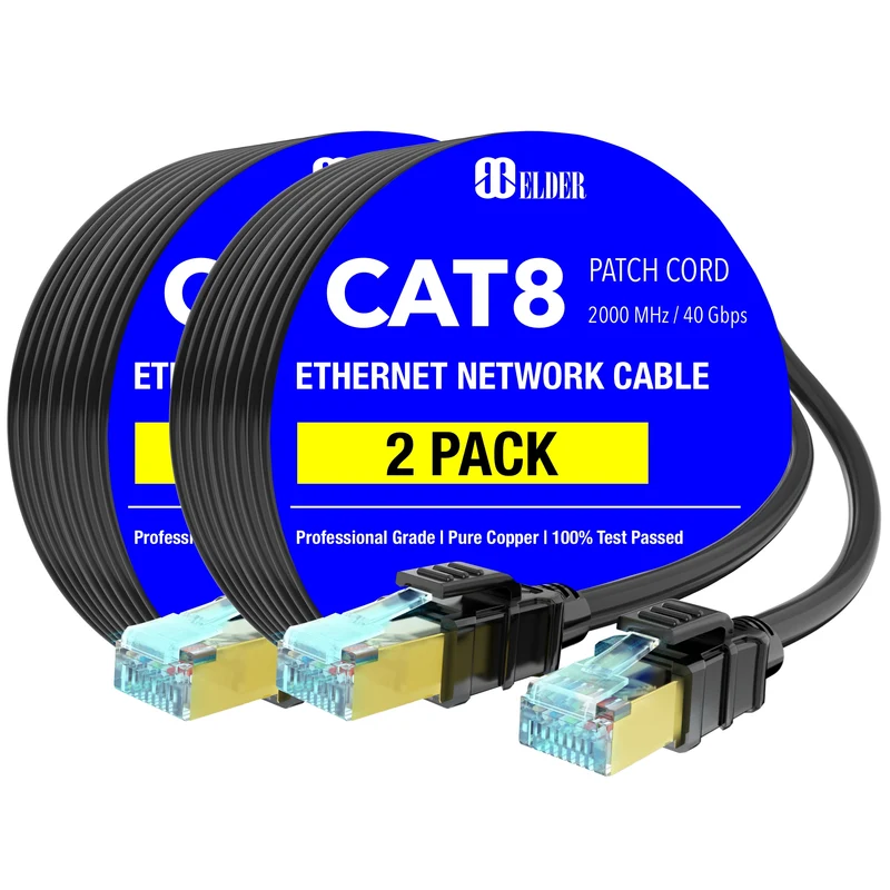 Elder Cat 8 Ethernet Cable x2 Pack Network Cable High Speed 40Gbps 2000MHz Patch Cord LAN Heavy Duty Shielded Cat8 RG45 Cable PoE Internet Wire Outdoor & Indoor 33ft 50ft 65ft