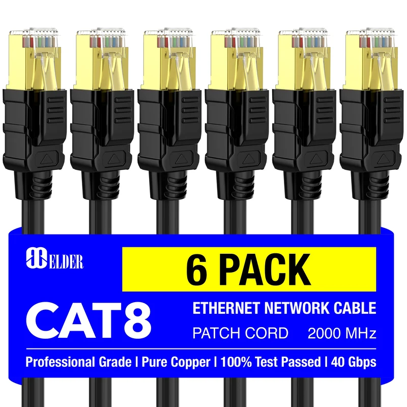 Elder Cat 8 Ethernet Cable Network Cable High Speed 40Gbps 2000MHz Patch Cord LAN Heavy Duty Shielded Cat8 RG45 Cable PoE Internet Wire Outdoor & Indoor 1.5ft 5ft 10ft 16ft