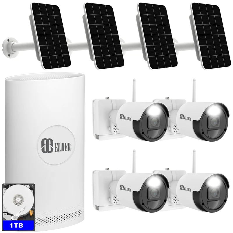 Wireless Security Camera System 2K Wire-Free Solar Panel, 8Ch NVR 4-Camera Battery WiFi Surveillance Outdoor 1TB Home DIY Spotlight Deterrence, Two-Way Talk & Person Detection