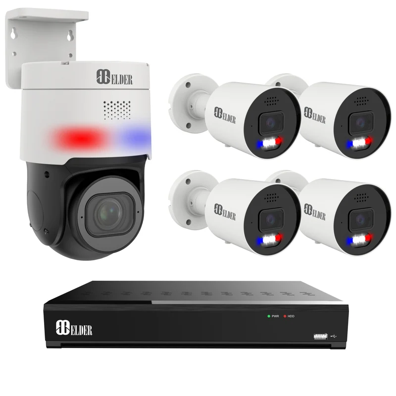 Elder AI 12MP Security Camera System PTZ NVR 8Ch PoE, 5-Camera Smart Dual-Light Outdoor, Face & License Plate, Sony Sensor & NDAA, Spotlight 4K+ Surveillance Wired NocVU Series