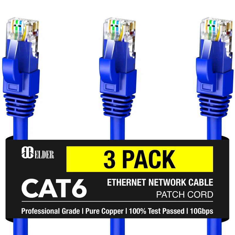 Ethernet Cable Cat6 10ft (3m) Network Cable x3 Pack Patch Cord LAN Wire, Elder Certified High-Speed PoE RJ45 Internet Cable Cat 6 - Blue - 10 Feet - 3 Meter