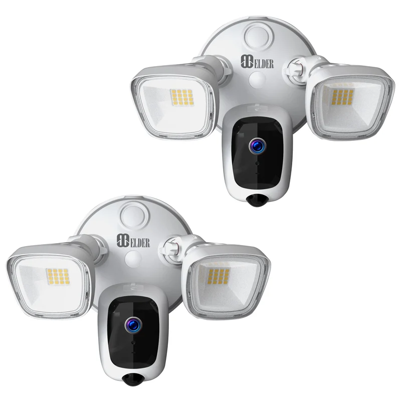 Elder Floodlight Security Camera 2K+ Outdoor WiFi 64GB, DIY Smart Home Semi Wireless, Human Motion PIR Spotlight Siren & Two-Way Talk, Works with Hey Google & Alexa