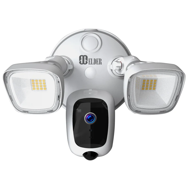 Elder Floodlight Security Camera 2K+ Outdoor WiFi 64GB - Certified Open Box, Smart Home Semi Wireless, Human Motion PIR Spotlight Siren & Two-Way Talk