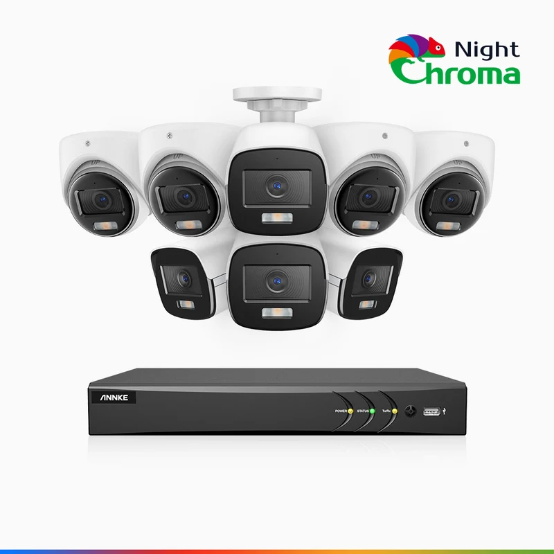 NightChroma TM NAK500 - Kit de sécurité extérieure TVI 3K à 8 canaux avec 4 caméras bullet et 4 caméras tourelle, vision nocturne couleur Acme, Résolution de 2960 × 1665, Ouverture f/1.0 (0,001 lux), Microphone intégré, IP67, Version améliorée