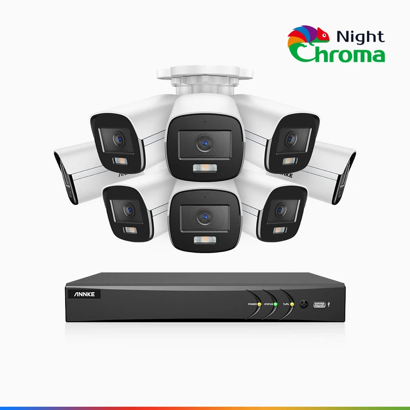 NightChroma TM NAK500 - Kit de sécurité extérieure TVI 3K à 8 canaux avec 8 caméras, vision nocturne couleur Acme, Résolution de 2960 × 1665, Ouverture f/1.0 (0,001 lux), Microphone intégré, IP67, Version améliorée