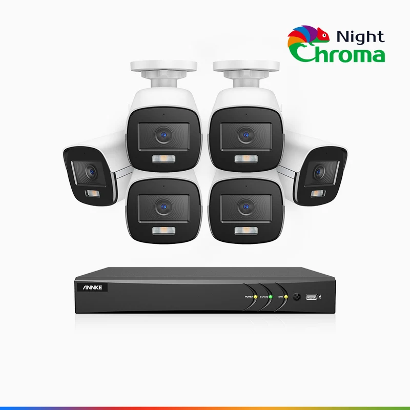 NightChroma TM NAK500 - Kit de sécurité extérieure TVI 3K à 8 canaux avec 6 caméras, vision nocturne couleur Acme, Résolution de 2960 × 1665, Ouverture f/1.0 (0,001 lux), Microphone intégré, IP67, Version améliorée