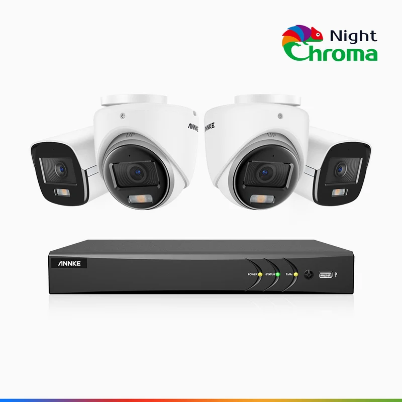 NightChroma TM NAK500 - Kit de sécurité extérieure TVI 3K à 8 canaux avec 2 caméras bullet et 2 caméras tourelle, vision nocturne couleur Acme, Résolution de 2960 × 1665, Ouverture f/1.0 (0,001 lux), Microphone intégré, IP67, Version améliorée