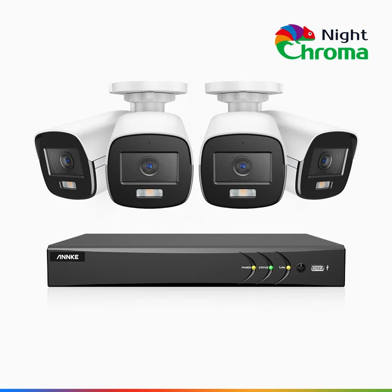 NightChroma TM NAK500 - Kit de sécurité extérieure TVI 3K à 8 canaux avec 4 caméras, vision nocturne couleur Acme, Résolution de 2960 × 1665, Ouverture f/1.0 (0,001 lux), Microphone intégré, IP67, Version améliorée
