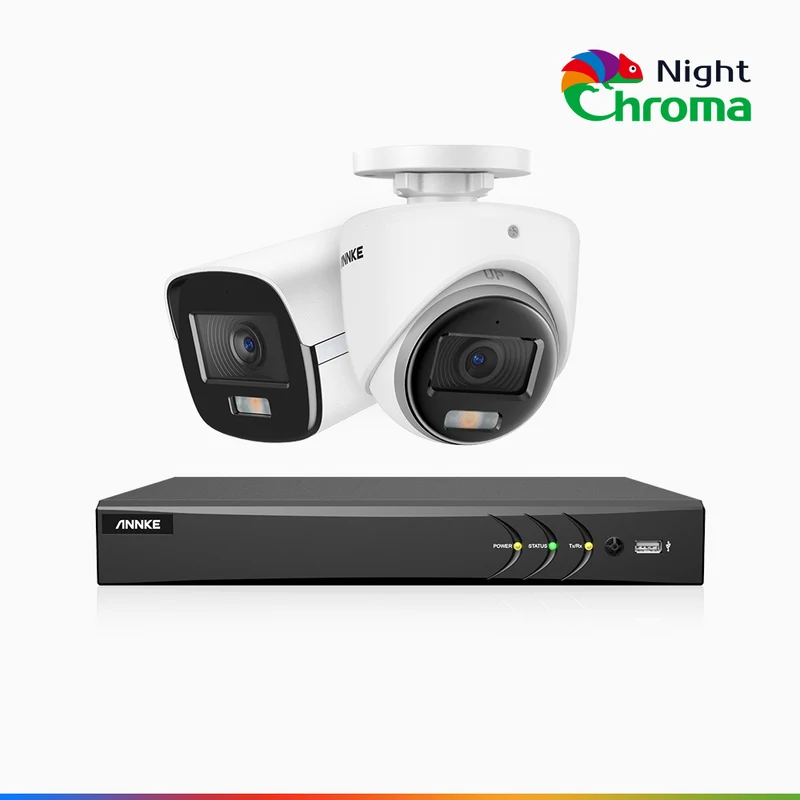 NightChroma TM NAK500 - Kit de sécurité extérieure TVI 3K à 8 canaux avec 1 caméra bullet et 1 caméra tourelle, vision nocturne couleur Acme, Résolution de 2960 × 1665, Ouverture f/1.0 (0,001 lux), Microphone intégré, IP67, Version améliorée