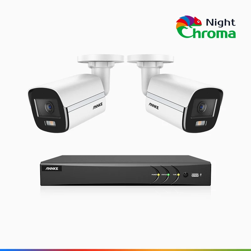 NightChroma TM NAK500 - Kit de sécurité extérieure TVI 3K à 8 canaux avec 2 caméras, vision nocturne couleur Acme, Résolution de 2960 × 1665, Ouverture f/1.0 (0,001 lux), Microphone intégré, IP67, Version améliorée
