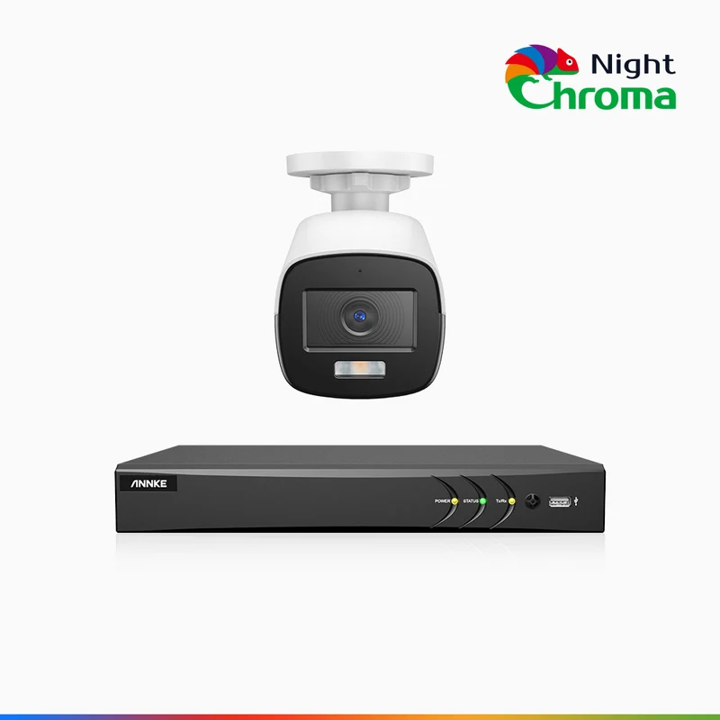 NightChroma TM NAK500 - Kit de sécurité extérieure TVI 3K à 8 canaux avec 1 caméra, vision nocturne couleur Acme, Résolution de 2960 × 1665, Ouverture f/1.0 (0,001 lux), Microphone intégré, IP67, Version améliorée
