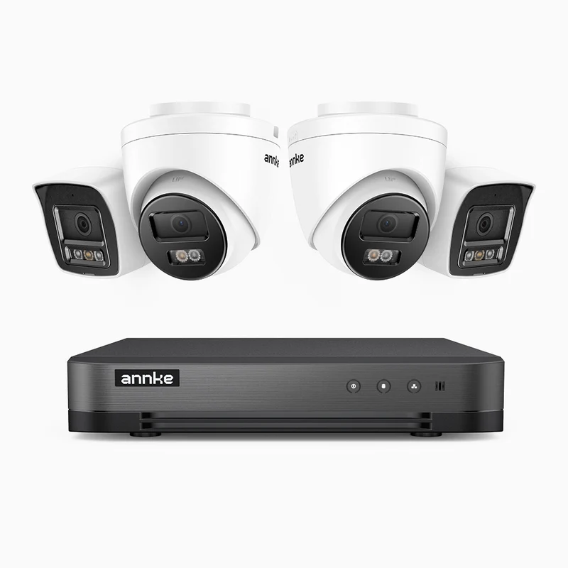 H800 - Kit de surveillance PoE 4K à 8 canaux avec 2 caméras bullet et 2 caméras tourelle, vision nocturne en couleur et infrarouge, Détection Personne-Véhicule, Microphone intégré, Champ de vision de 96°, RTSP et ONVIF pris en charge
