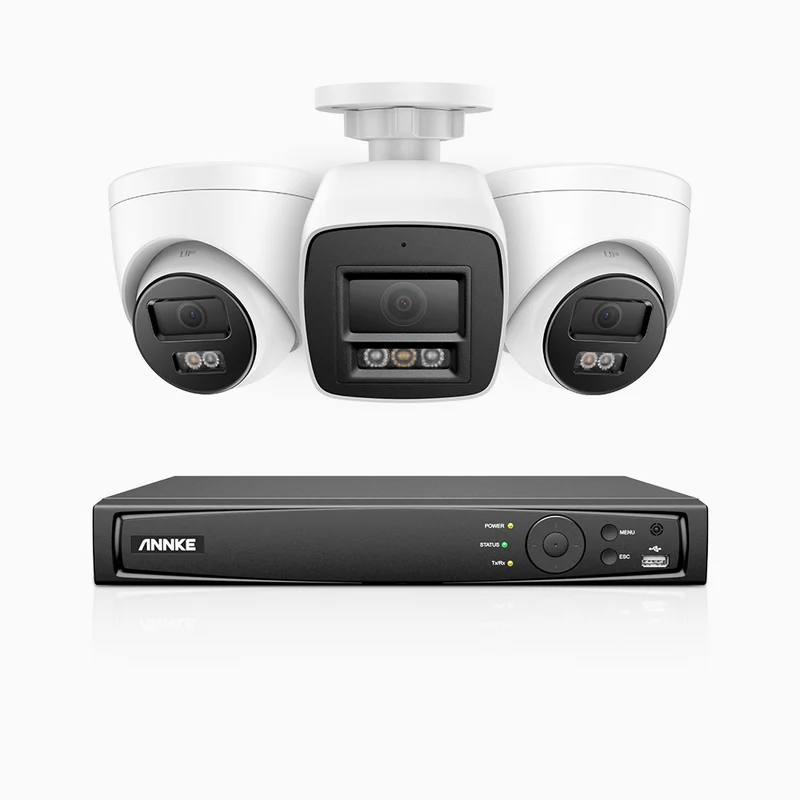 H800 - Kit de surveillance PoE 4K à 4 canaux avec 1 caméra bullet et 2 caméras tourelle, vision nocturne en couleur et infrarouge, Détection Personne-Véhicule, Microphone intégré, Champ de vision de 96°, RTSP et ONVIF pris en charge