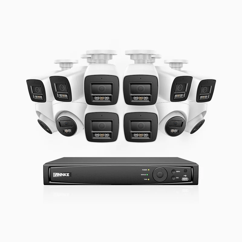 H800 - Kit de surveillance PoE 4K à 16 canaux avec 8 caméras bullet et 4 caméras tourelle, vision nocturne en couleur et infrarouge, Détection Personne-Véhicule, Microphone intégré, Champ de vision de 96°, RTSP et ONVIF pris en charge