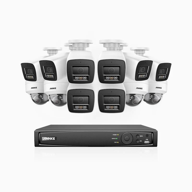 H800 - Kit de surveillance PoE 4K à 16 canaux avec 8 caméras bullet et 4 caméras dôme, Anti-vandale (IK10), vision nocturne en couleur et infrarouge, Détection Personne-Véhicule, Microphone intégré, Champ de vision de 96°, RTSP et ONVIF pris en charge