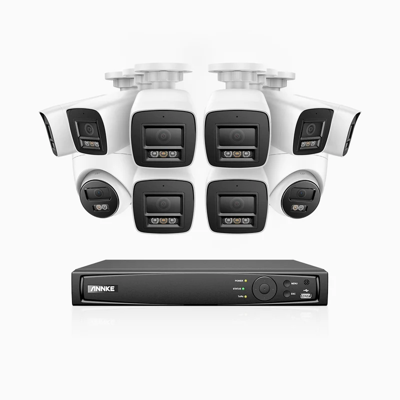H800 - Kit de surveillance PoE 4K à 16 canaux avec 8 caméras bullet et 2 caméras tourelle, vision nocturne en couleur et infrarouge, Détection Personne-Véhicule, Microphone intégré, Champ de vision de 96°, RTSP et ONVIF pris en charge