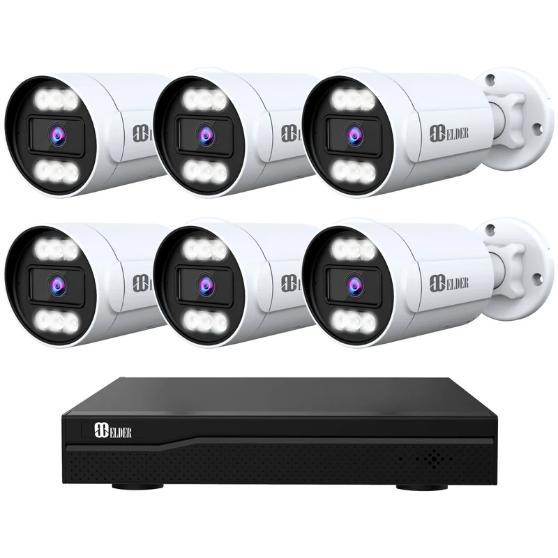 Elder 4K Security Camera System AI 8Ch NVR PoE 6-Camera Outdoor, Two-Way Talk, Dual-Light Color Night Vision & Spotlight, Smart Home Surveillance 8MP Wired DIY CCTV Hunter-D