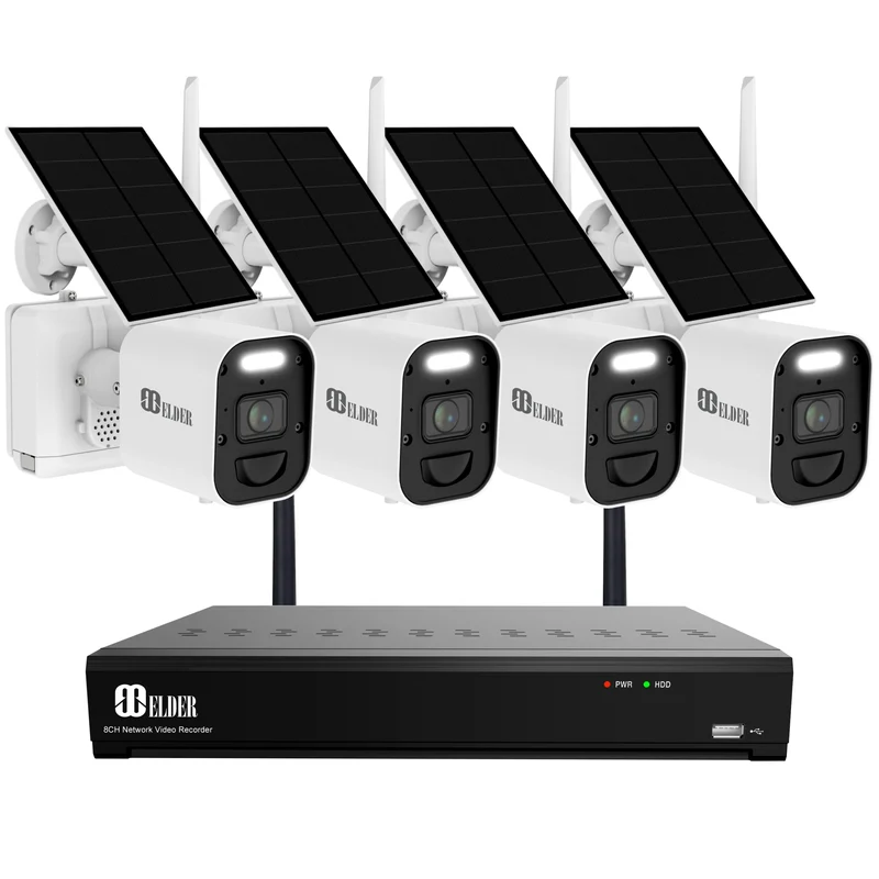 Elder 4K Wireless Security Camera System Solar Panels 1TB Wire-Free, 8Ch NVR 4-Camera Battery WiFi Surveillance Outdoor, Color Night Vision, Spotlight Deterrence & Two-Way Talk