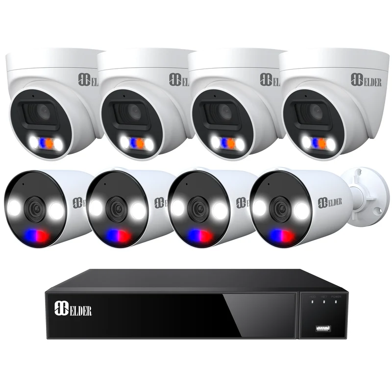 Elder AI 4K Security Camera System NVR 8Ch PoE, Person & Vehicle Detection Smart Home & NDAA, Red & Blue Deterrence Spotlight Surveillance 8MP Outdoor Wired DIY, RB Series