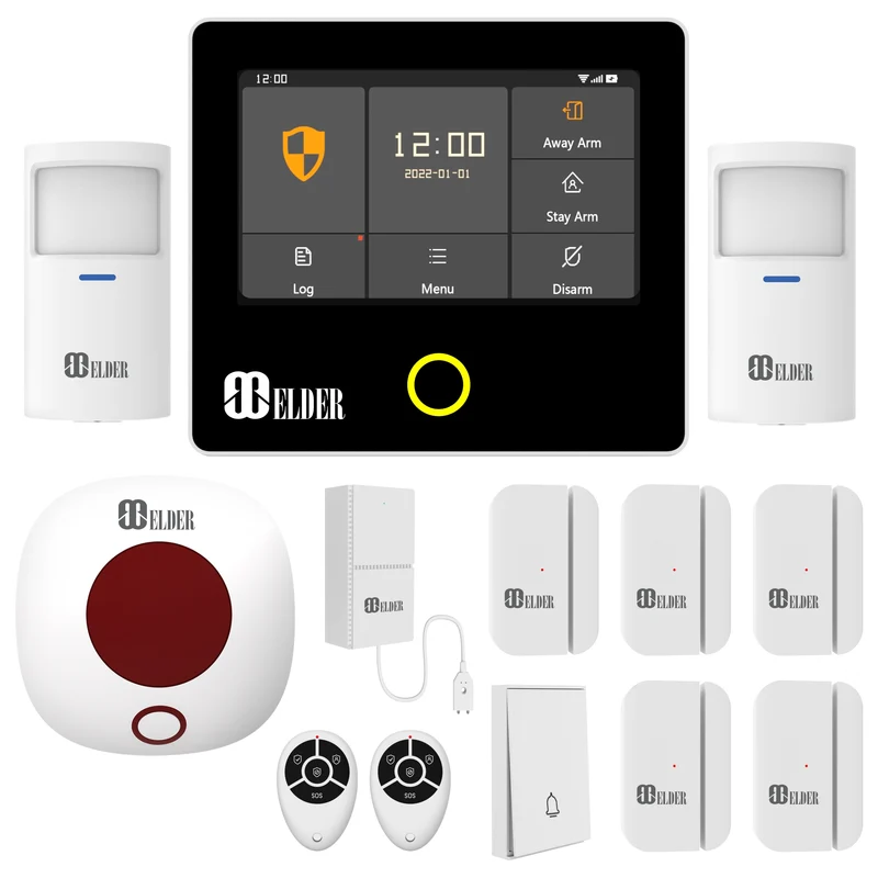 Elder Alarm System Security Wireless 13-Piece WiFi & 4G Smart Home Alarm System DIY Kit, Touch Panel, Siren, Doorbell, Leak, Door & Motion Alarm Sensors, Works with Hey Google & Alexa
