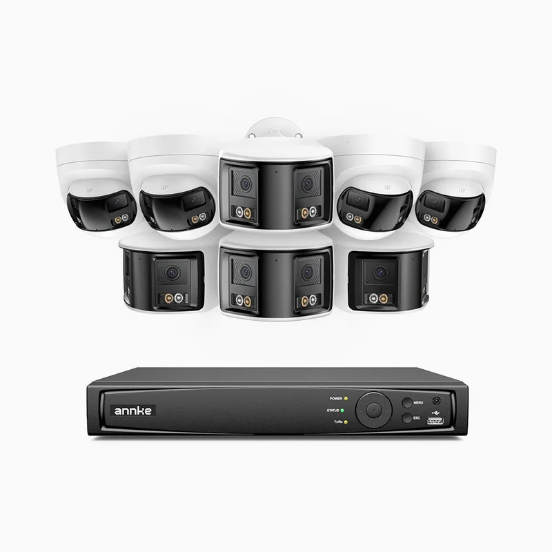 FDH800 - Kit de surveillance PoE 8MP à 16 canaux avec 4 caméras bullet et 4 caméras tourelle, double objectif, ultra grand angle 180°, vision nocturne intelligente à double éclairage, audio bidirectionnel, détection humaine et de véhicules, IP67
