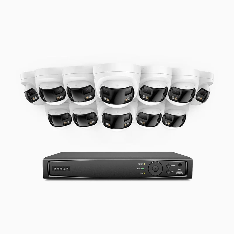 FDH800 - Kit de surveillance PoE 8MP à 16 canaux avec 12 caméras, double objectif, ultra grand angle 180°, vision nocturne intelligente à double éclairage, audio bidirectionnel, sirène et alarme actives, détection humaine et de véhicules, IP67