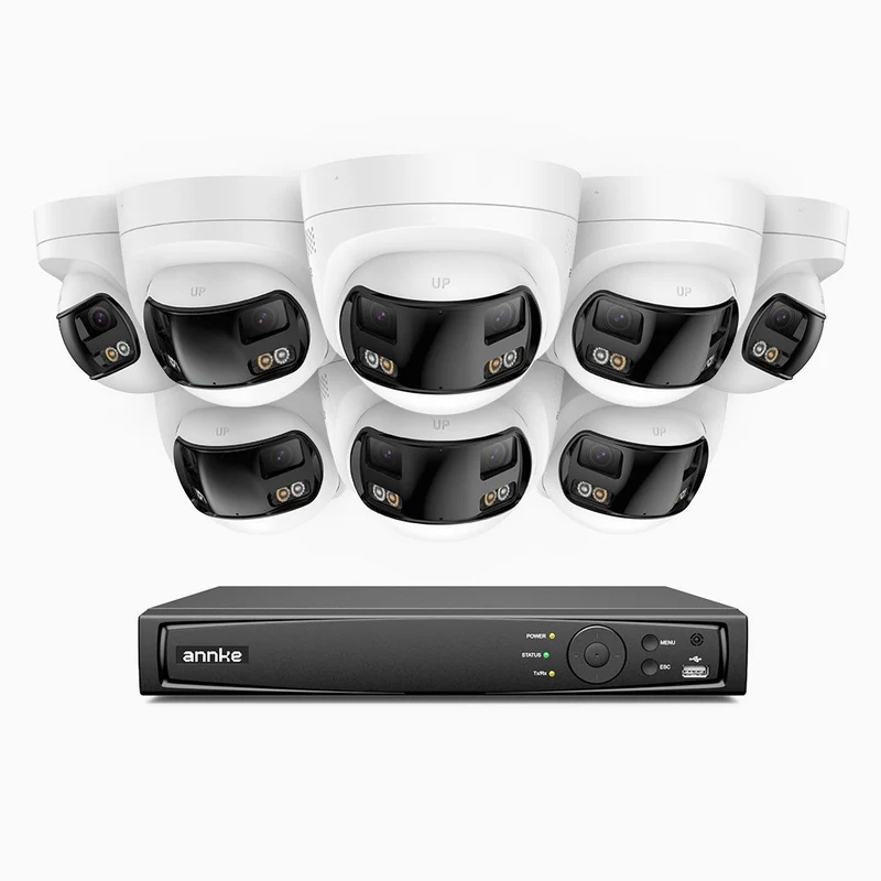 FDH800 - Kit de surveillance PoE 8MP à 16 canaux avec 8 caméras, double objectif, ultra grand angle 180°, vision nocturne intelligente à double éclairage, audio bidirectionnel, sirène et alarme actives, détection humaine et de véhicules, IP67