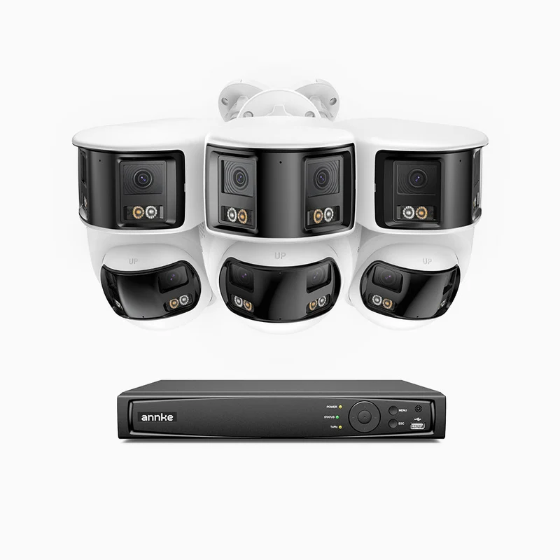 FDH800 - Kit de surveillance PoE 8MP à 8 canaux avec 3 caméras bullet et 3 caméras tourelle, double objectif, ultra grand angle 180°, vision nocturne intelligente à double éclairage, audio bidirectionnel, détection humaine et de véhicules, IP67