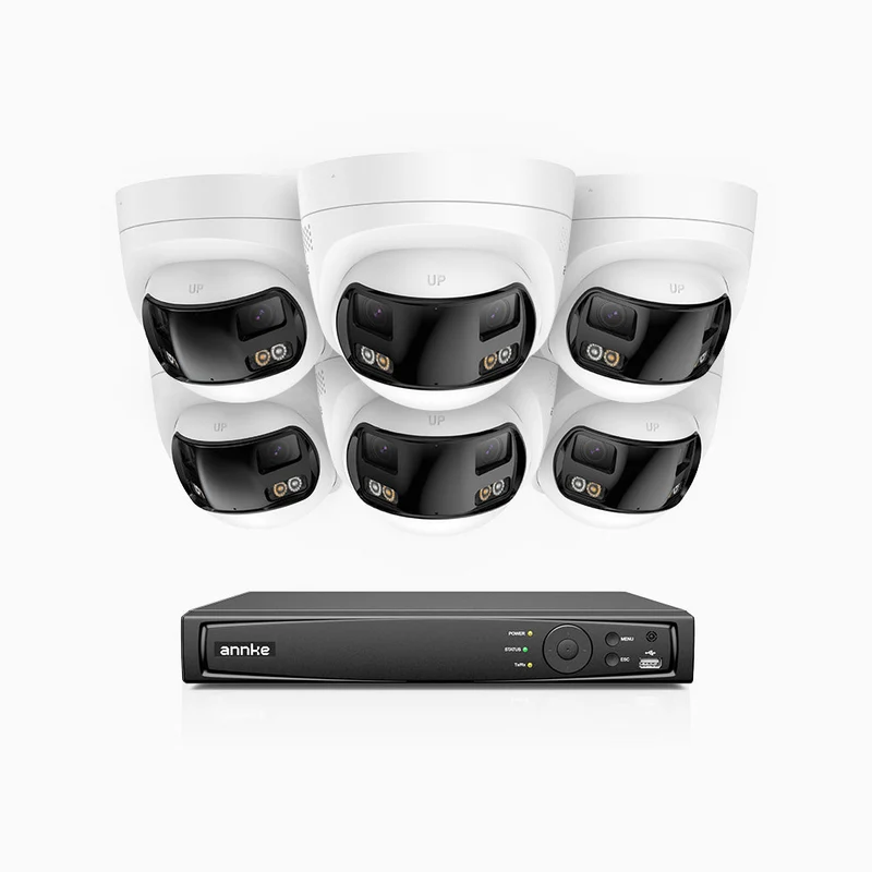 FDH800 - Kit de surveillance PoE 8MP à 8 canaux avec 6 caméras, double objectif, ultra grand angle 180°, vision nocturne intelligente à double éclairage, audio bidirectionnel, sirène et alarme actives, détection humaine et de véhicules, IP67