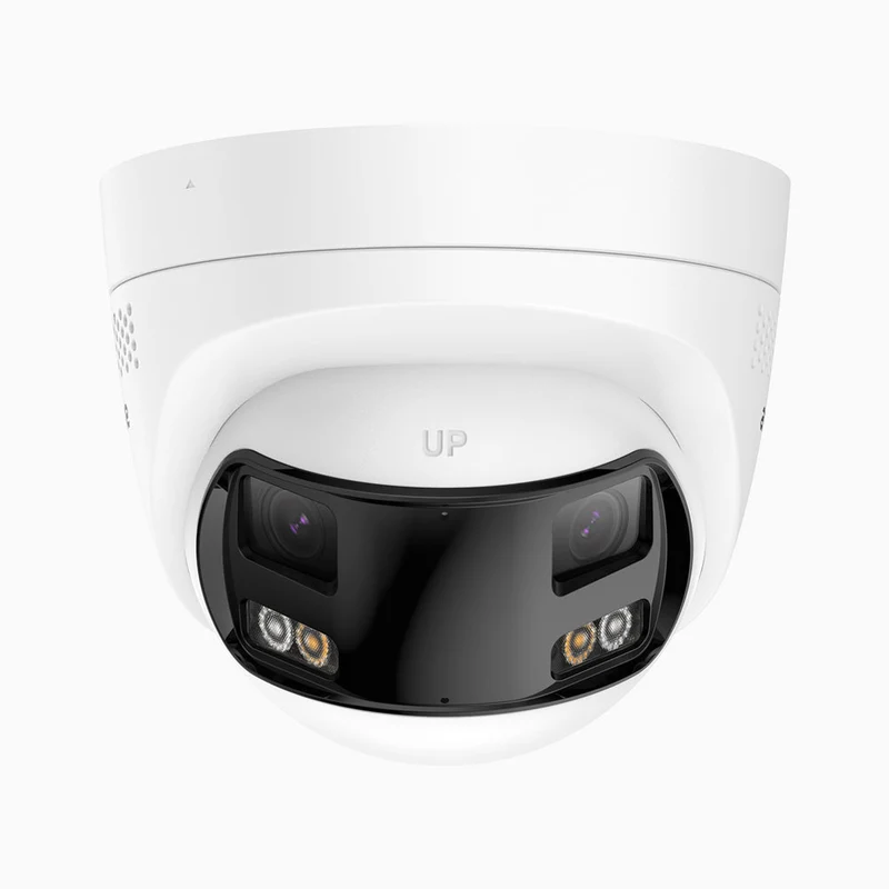 FCD800 - Caméra desécurité extérieure PoE 4K 8 MP à double objectif, vue panoramique à 180°, champ de vision vertical de 77°, vision nocturne intelligente à double éclairage, dissuasion active et audio bidirectionnel